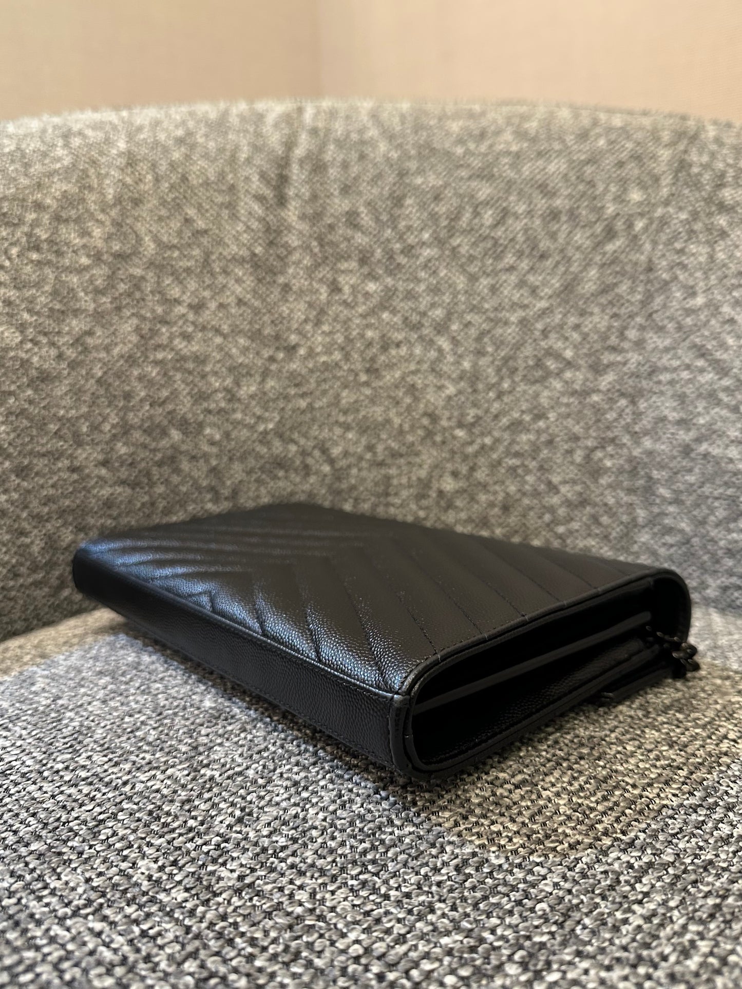 Yves Saint Laurent Cassandre Envelope Chain Wallet In Black Grain De Poudre Embossed Leather