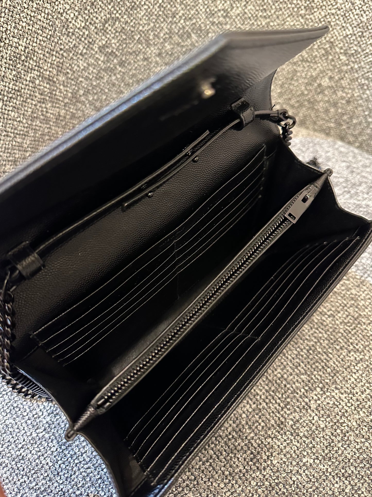 Yves Saint Laurent Cassandre Envelope Chain Wallet In Black Grain De Poudre Embossed Leather