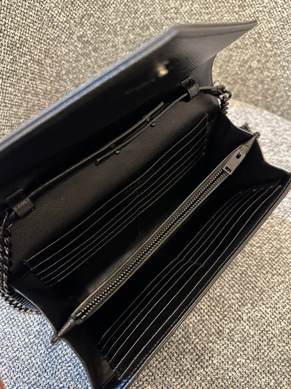 Yves Saint Laurent Cassandre Envelope Chain Wallet In Black Grain De Poudre Embossed Leather