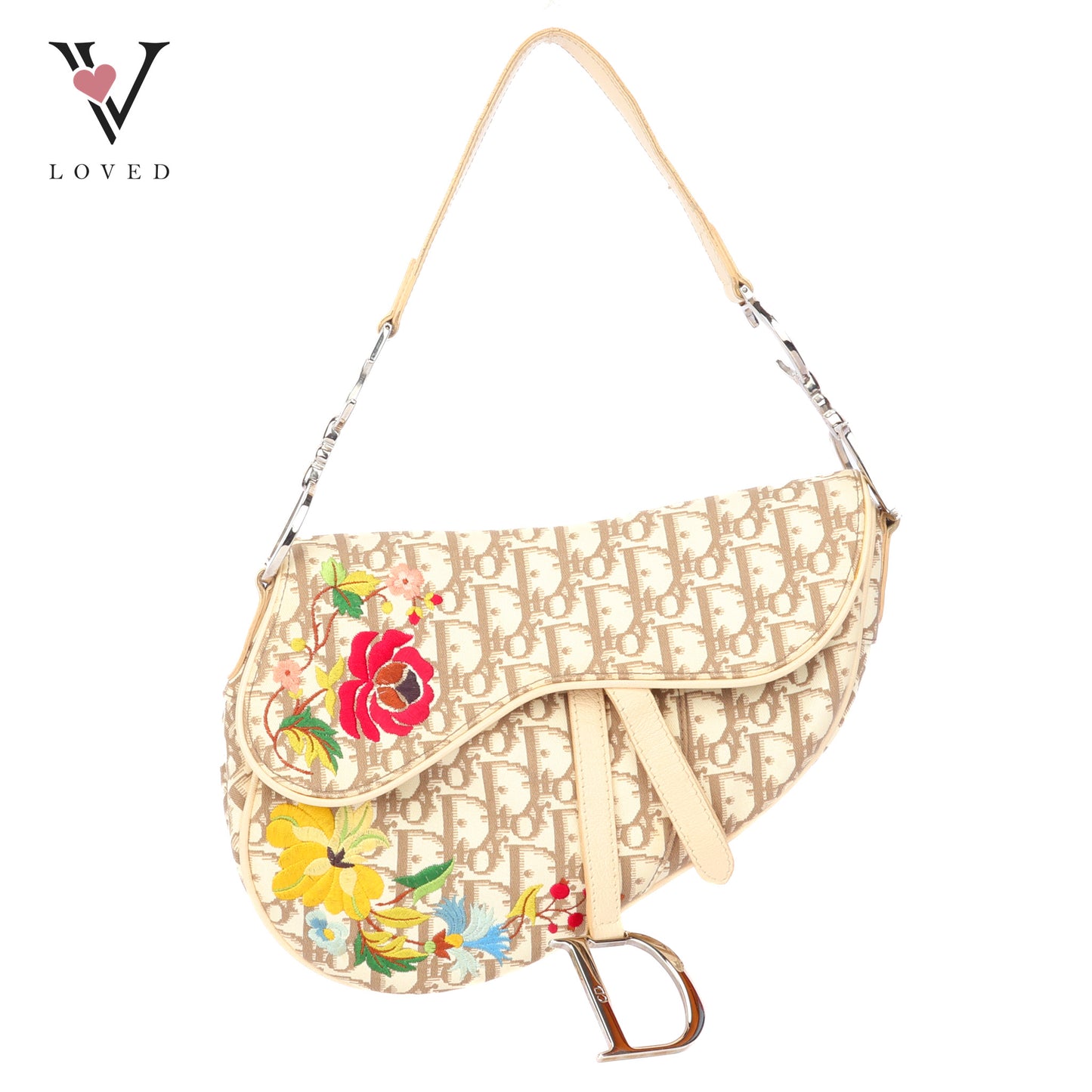 Christian Dior Trotter Saddle Bag in Beige Monogram Canvas with Multicolor Floral Embroidery