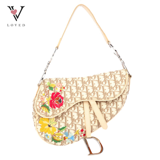 Christian Dior Trotter Saddle Bag in Beige Monogram Canvas with Multicolor Floral Embroidery