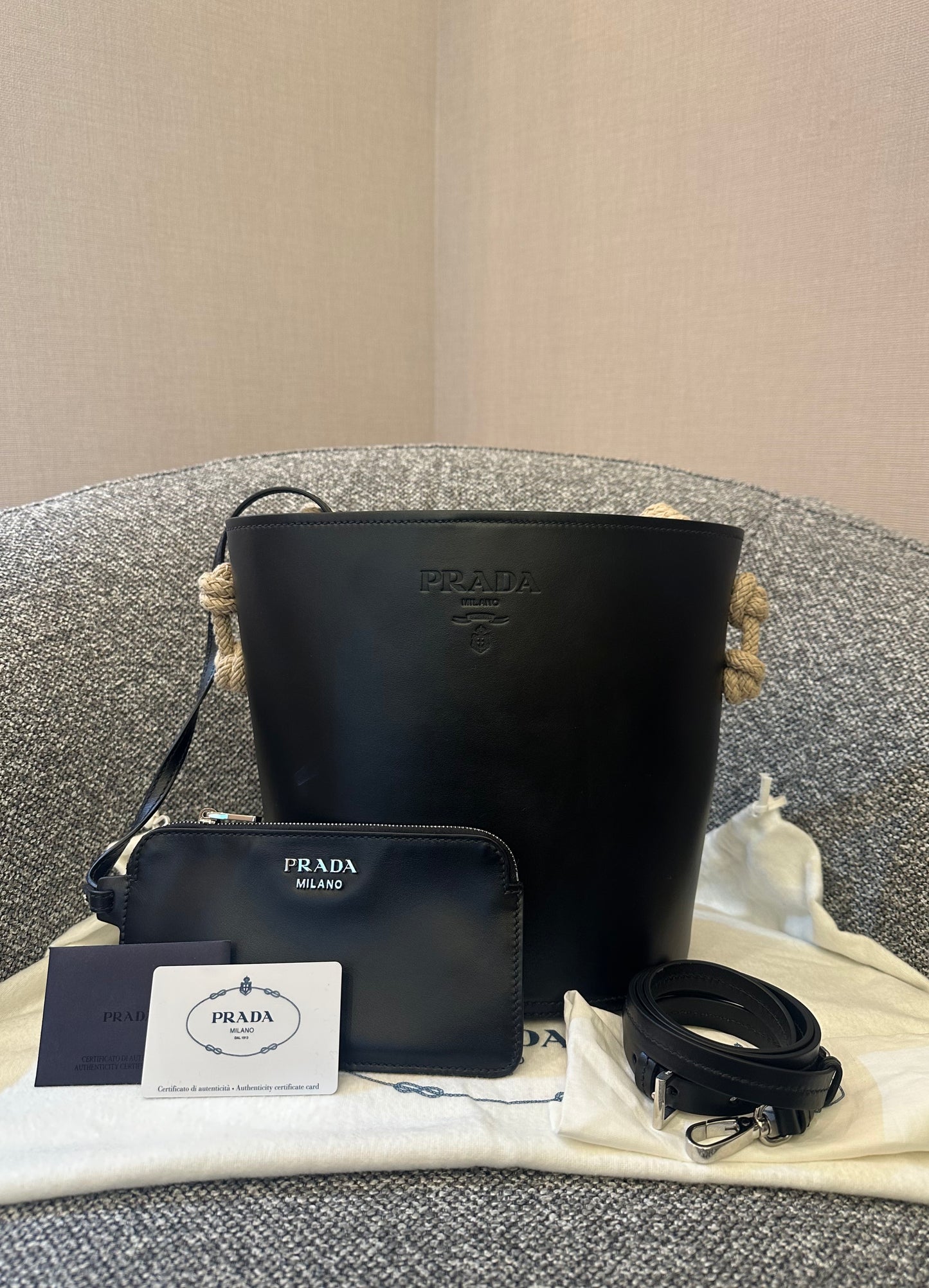 Prada Tambour Leather Bucket Bag In Black