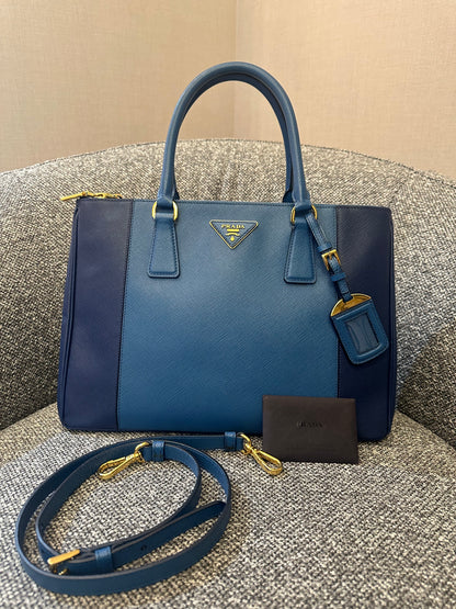 Prada Galleria Double Zip Tote Bag In Blue Bicolor Leather