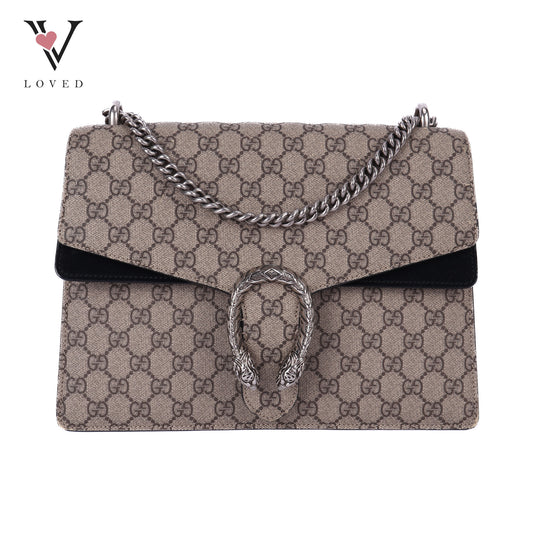 Dionysus Medium Bag in GG Supreme and Black Suede