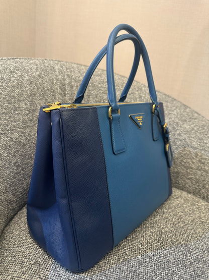 Prada Galleria Double Zip Tote Bag In Blue Bicolor Leather