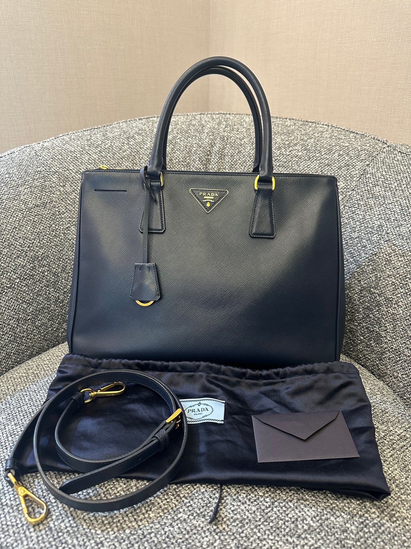 Prada Galleria Double Zip In Navy Blue Saffiano Leather