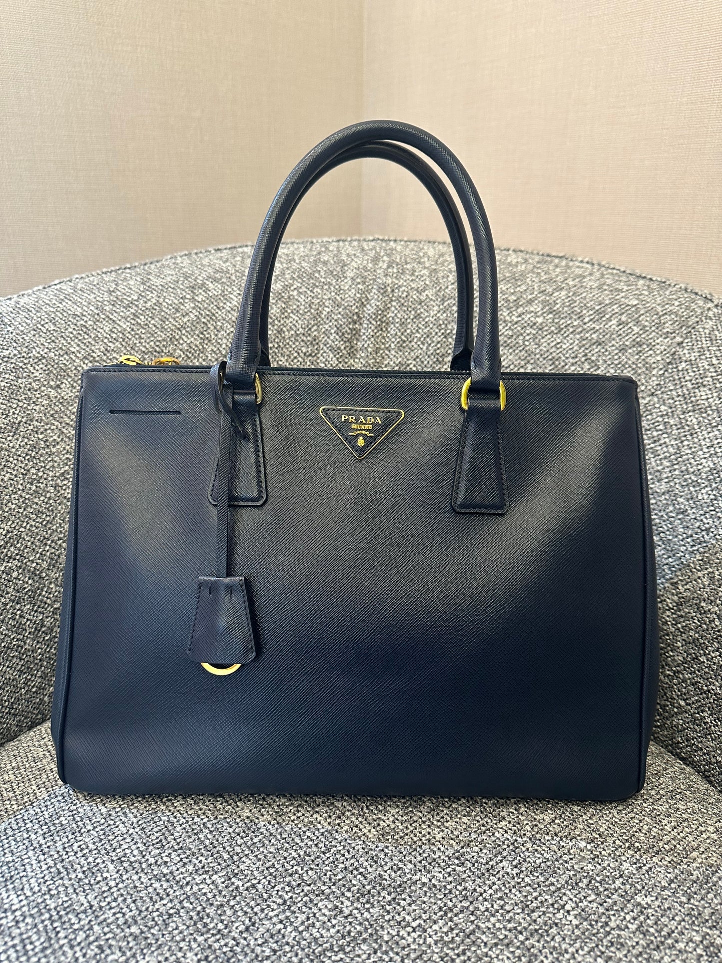 Prada Galleria Double Zip In Navy Blue Saffiano Leather
