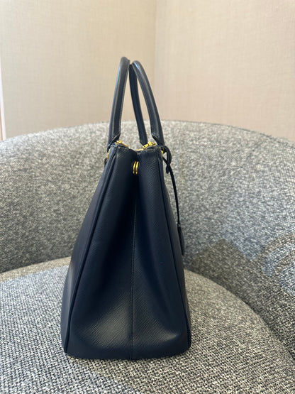Prada Galleria Double Zip In Navy Blue Saffiano Leather
