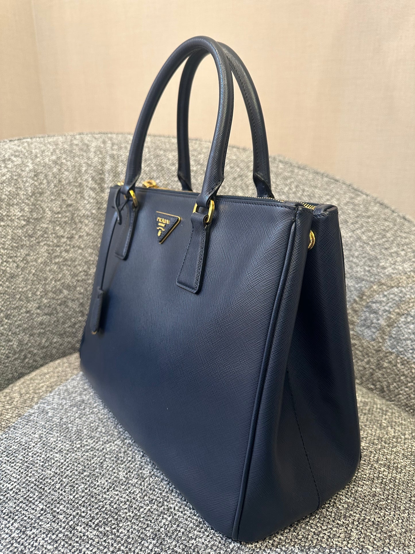 Prada Galleria Double Zip In Navy Blue Saffiano Leather