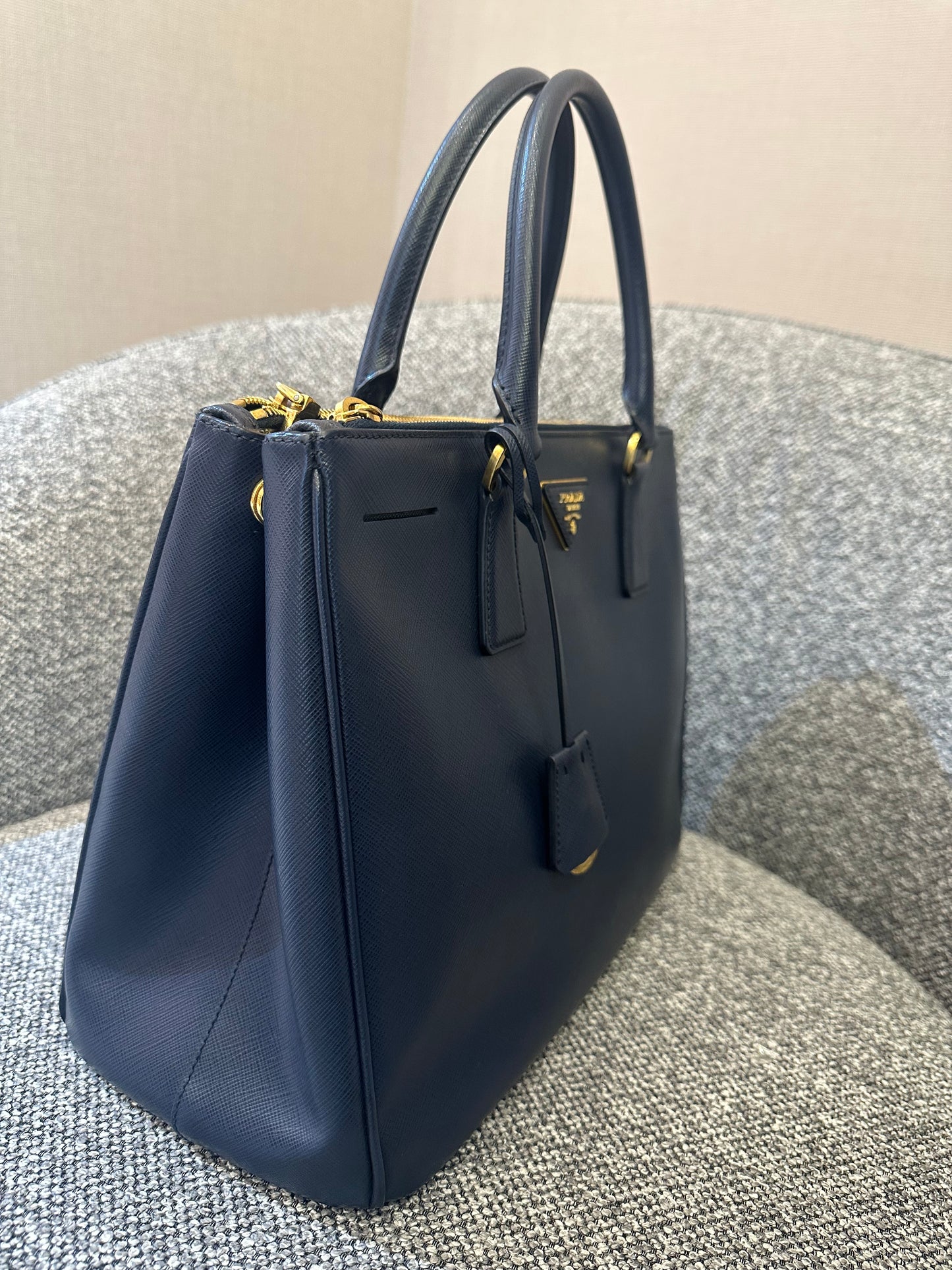 Prada Galleria Double Zip In Navy Blue Saffiano Leather