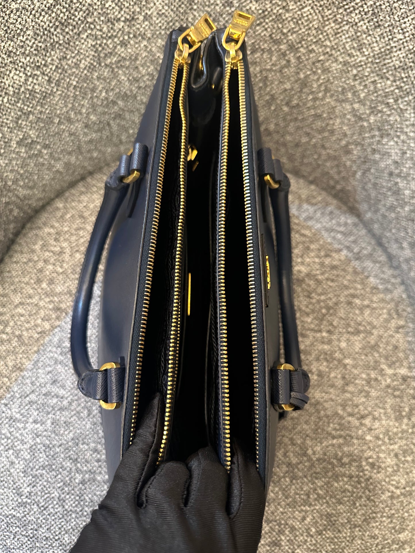 Prada Galleria Double Zip In Navy Blue Saffiano Leather