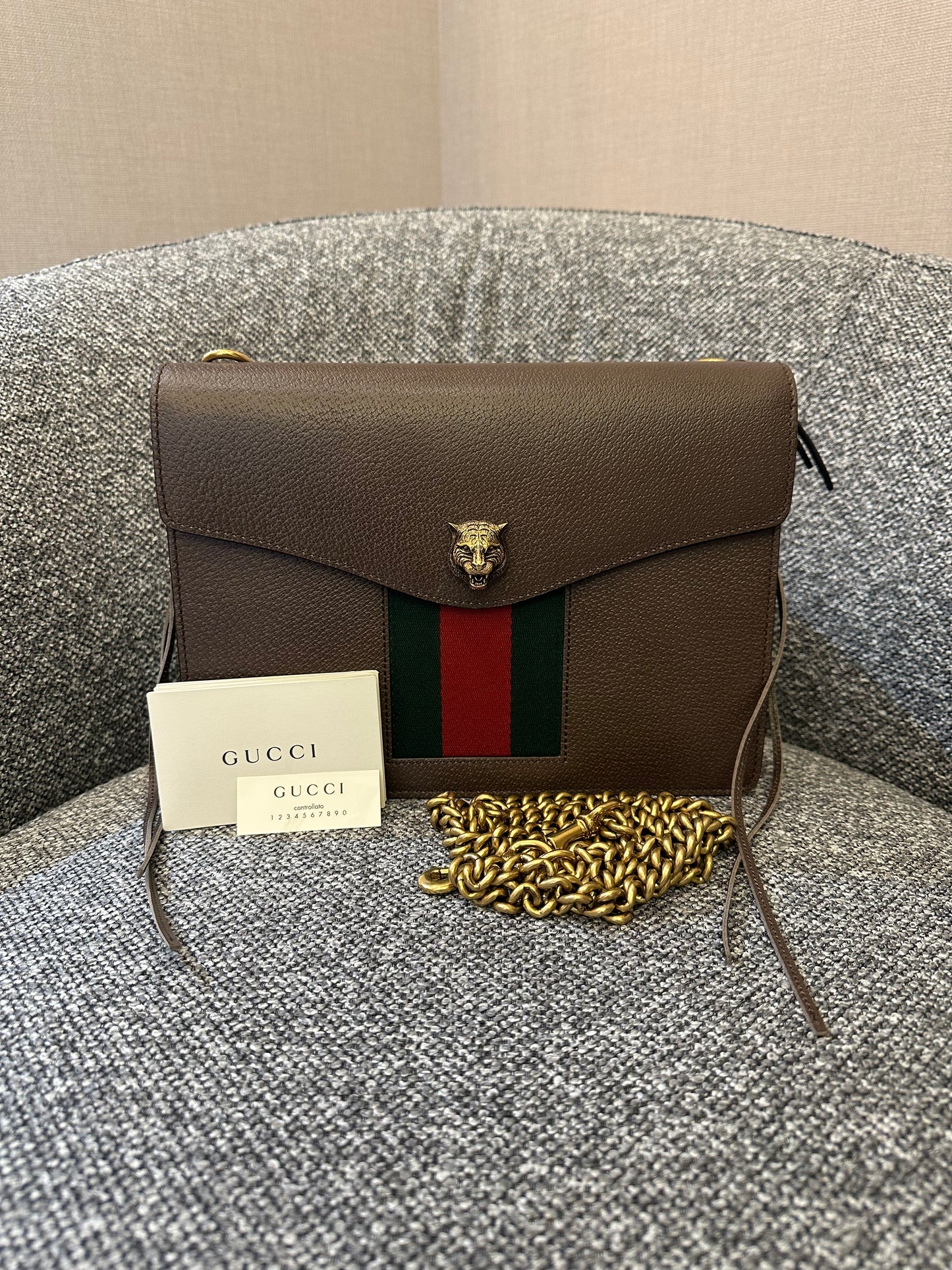 Gucci Animalier Web Chain Shoulder Bag In Brown Leather