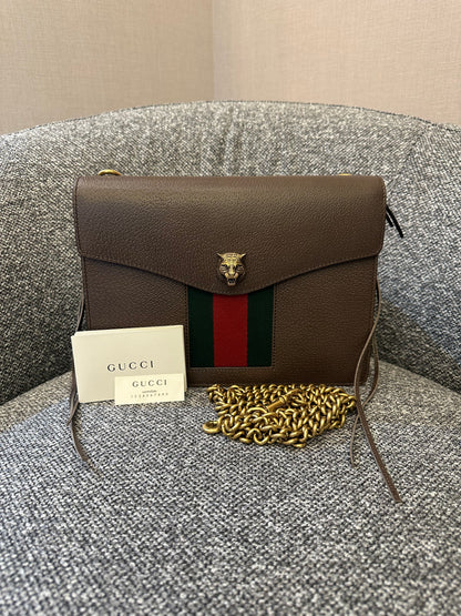 Gucci Animalier Web Chain Shoulder Bag In Brown Leather