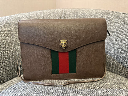 Gucci Animalier Web Chain Shoulder Bag In Brown Leather