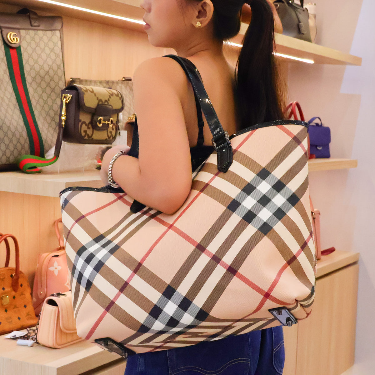Burberry Supernova Check Tote Bag Coated Canvas