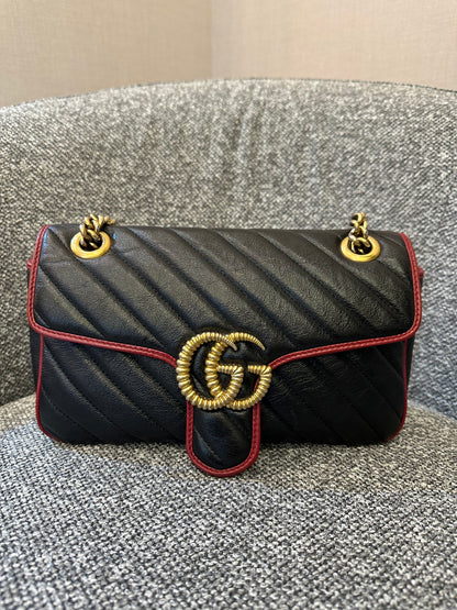 Gucci GG Marmont Flap Matelassé Shoulder Bag in Black and Red Trim