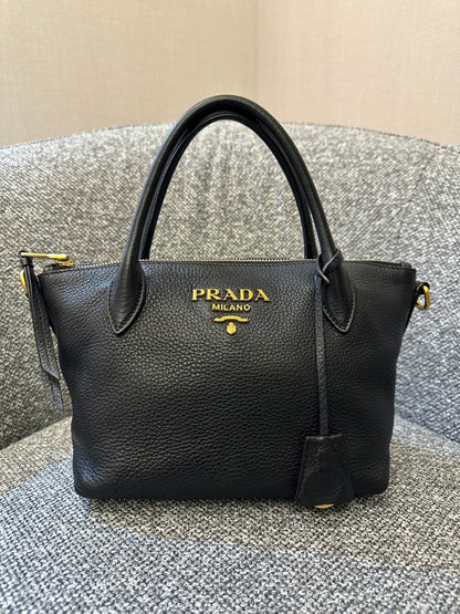 Prada Vitello Daino Zip Tote Bag In Black Leather