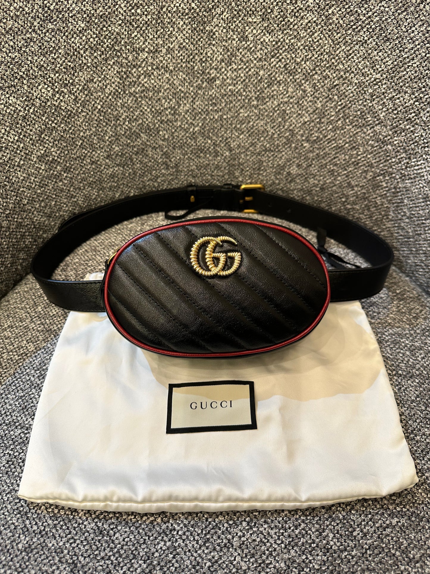 Gucci GG Marmont Matelassé Leather Belt Bag in Black and Red Trim