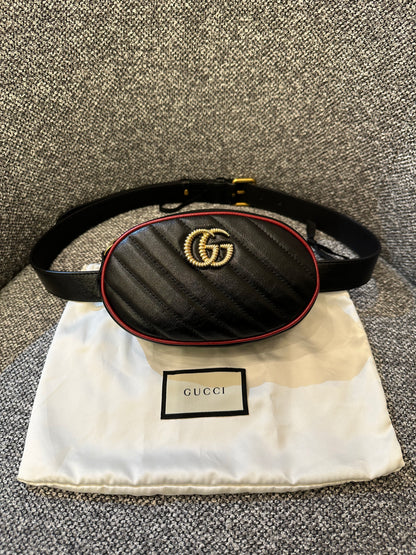Gucci GG Marmont Matelassé Leather Belt Bag in Black and Red Trim
