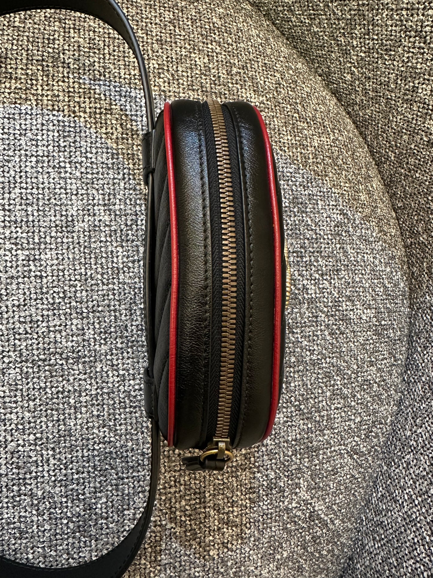 Gucci GG Marmont Matelassé Leather Belt Bag in Black and Red Trim