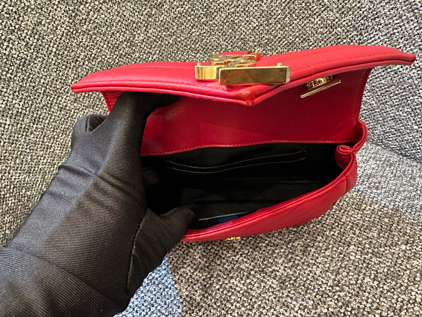 Yves Saint Laurent Classic Monogram Baby Cahin Bag In Red Quilted Matelasse Chevron Leather