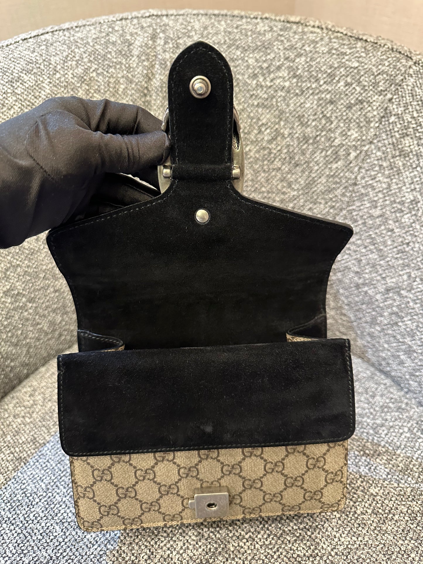 Gucci Dionysus GG Supreme Canvas Bag In Black Suede
