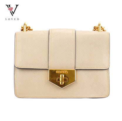 Prada Saffiano Leather Chain Shoulder Bag in Beige