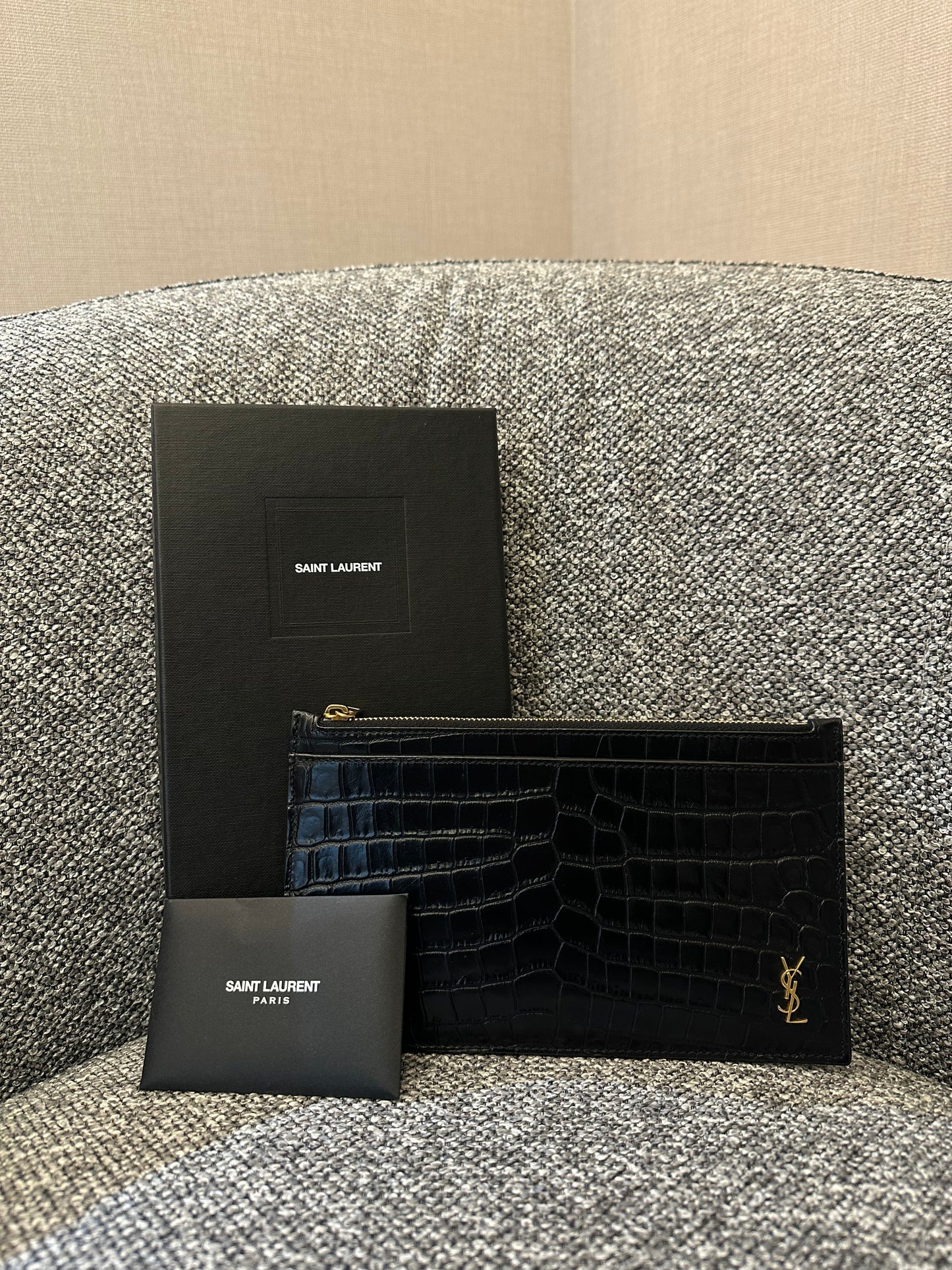 Yves Saint Laurent Tiny Monogram Zipper Clutch in Black Crocodile-Embossed Shiny Leather