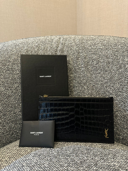 Yves Saint Laurent Tiny Monogram Zipper Clutch in Black Crocodile-Embossed Shiny Leather