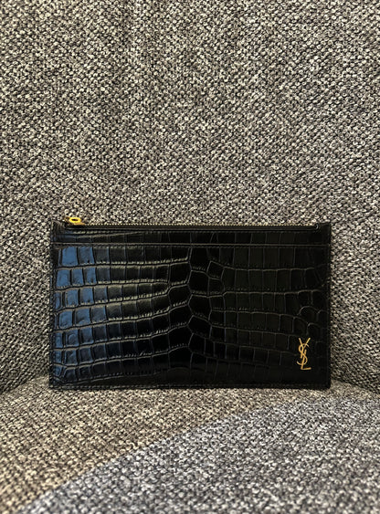 Yves Saint Laurent Tiny Monogram Zipper Clutch in Black Crocodile-Embossed Shiny Leather