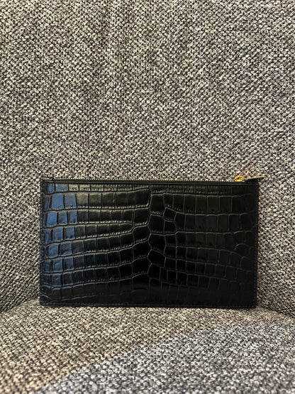 Yves Saint Laurent Tiny Monogram Zipper Clutch in Black Crocodile-Embossed Shiny Leather