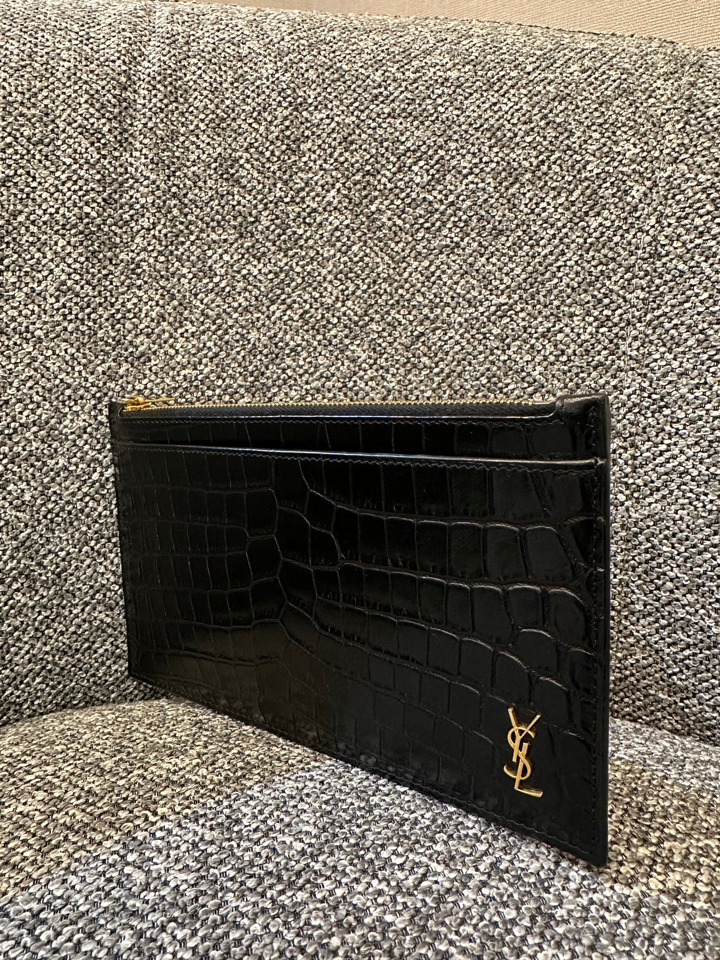 Yves Saint Laurent Tiny Monogram Zipper Clutch in Black Crocodile-Embossed Shiny Leather