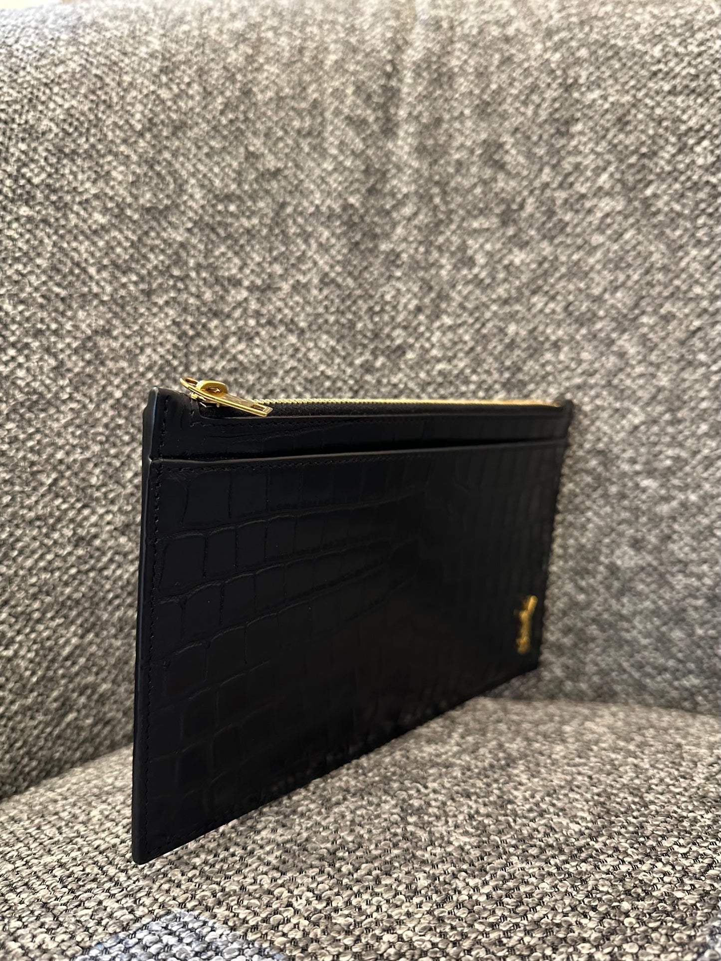 Yves Saint Laurent Tiny Monogram Zipper Clutch in Black Crocodile-Embossed Shiny Leather