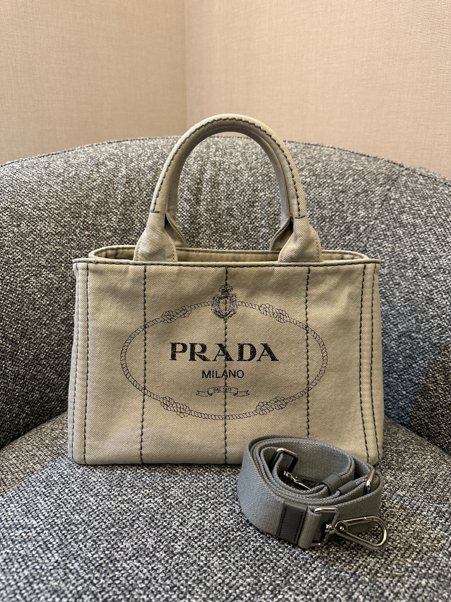 Prada Canapa Tote Bag In Grey Denim Canvas