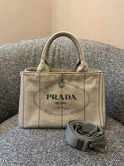 Prada Canapa Tote Bag In Grey Denim Canvas