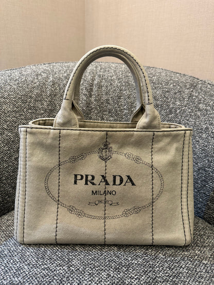 Prada Canapa Tote Bag In Grey Denim Canvas