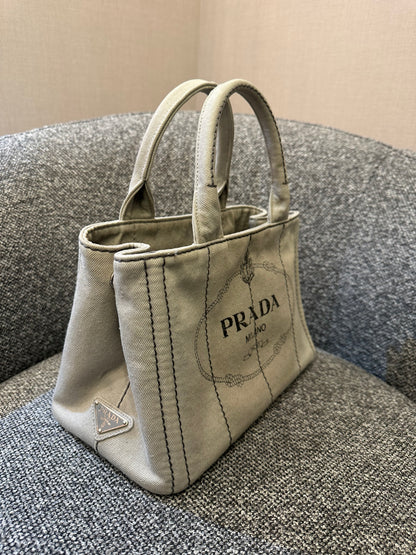 Prada Canapa Tote Bag In Grey Denim Canvas