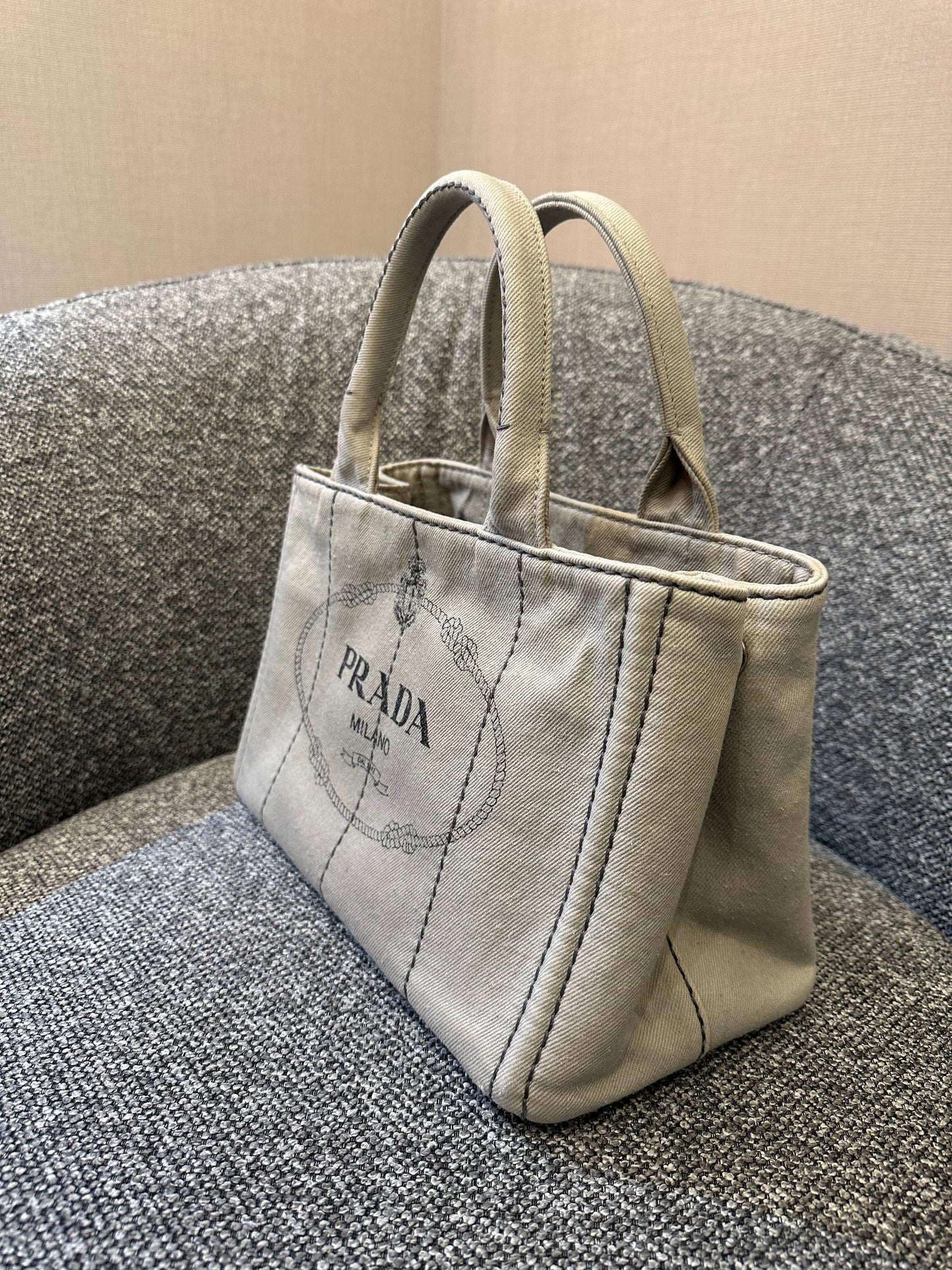 Prada Canapa Tote Bag In Grey Denim Canvas