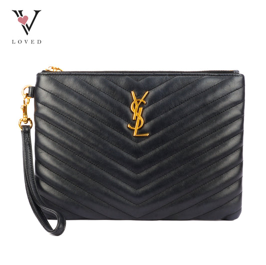 Yves Saint Laurent Clutch Bag in Black Chevron Quilted Leather