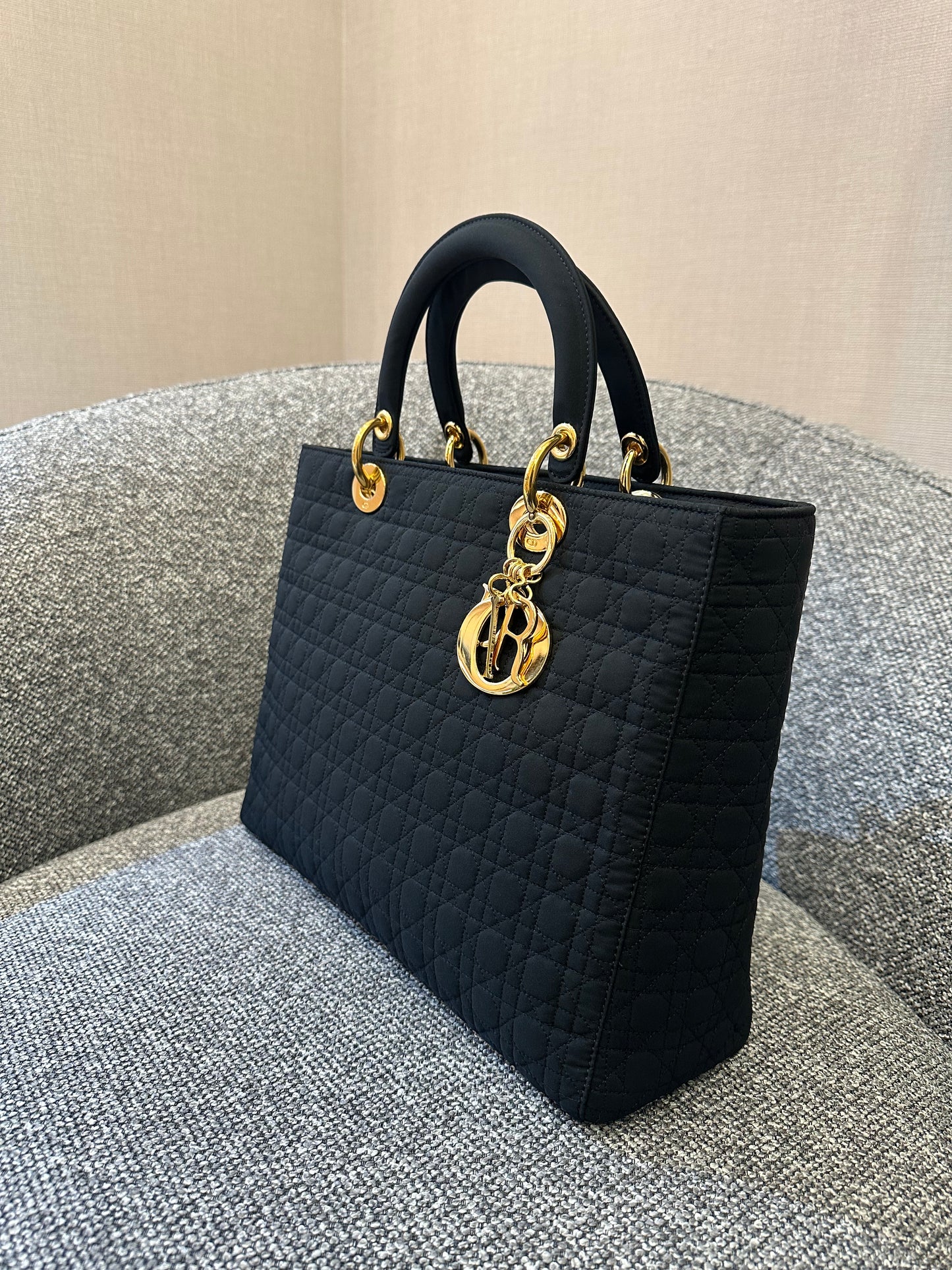 Christian Dior Lady Dior Medium In Black Microfiber Handbag