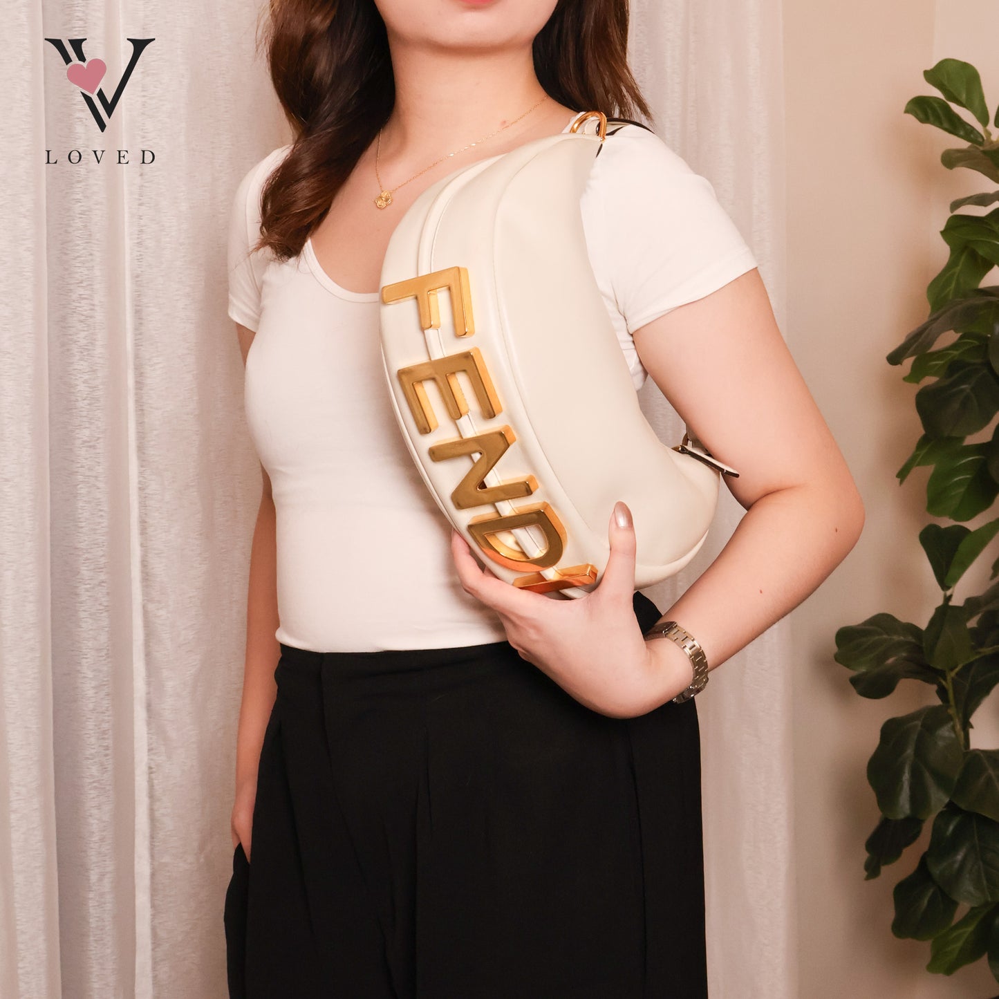 Fendigraphy In White Vintage Gold Metal Bag