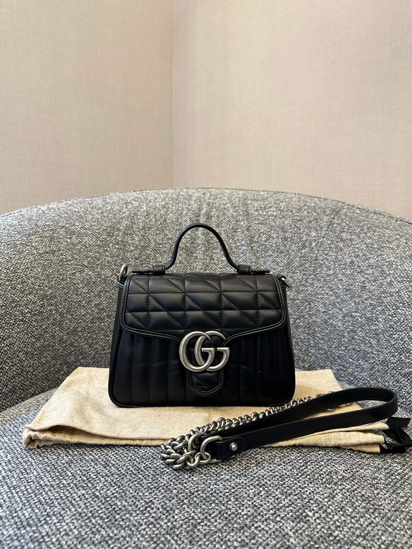 Gucci GG Marmont Mini Top Handle in Black Leather (SHW)