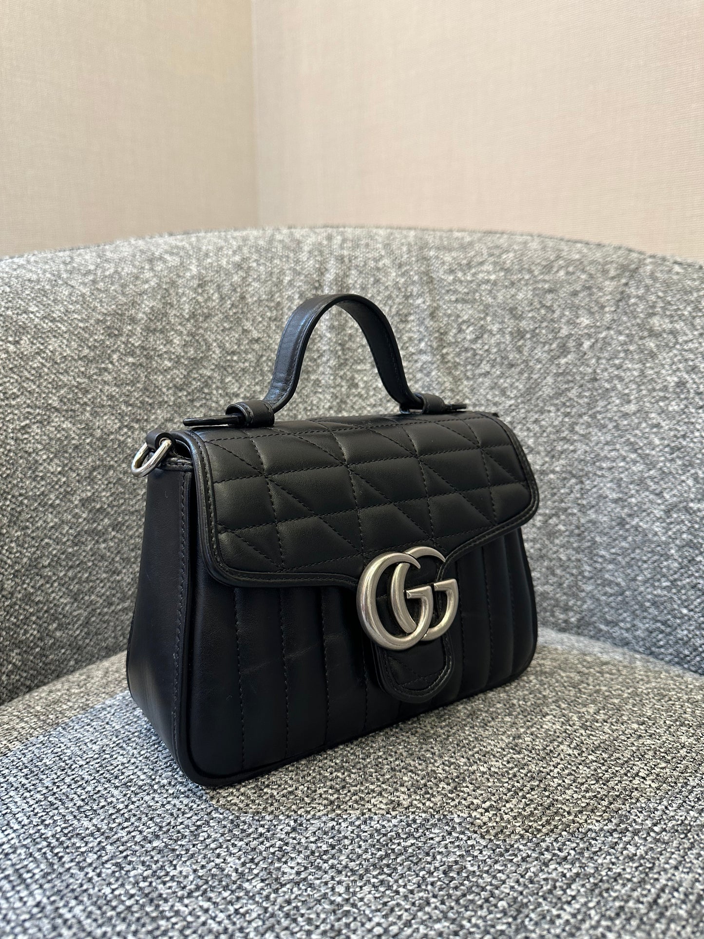 Gucci GG Marmont Mini Top Handle in Black Leather (SHW)