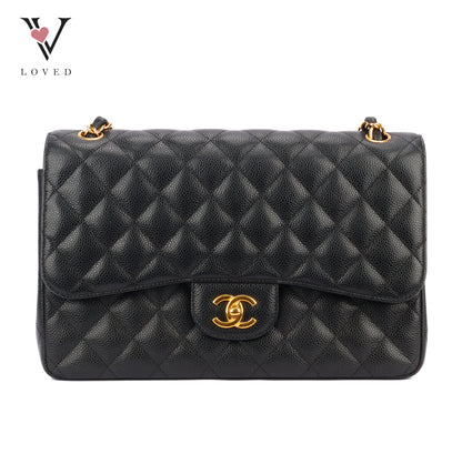 Chanel Classic Double Flap Jumbo Bag in Black Caviar Leather (Series 26)