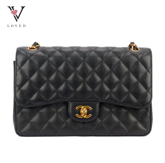 Chanel Classic Double Flap Jumbo Bag in Black Caviar Leather (Series 26)
