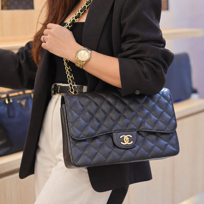 Chanel Classic Double Flap Jumbo Bag in Black Caviar Leather (Series 26)
