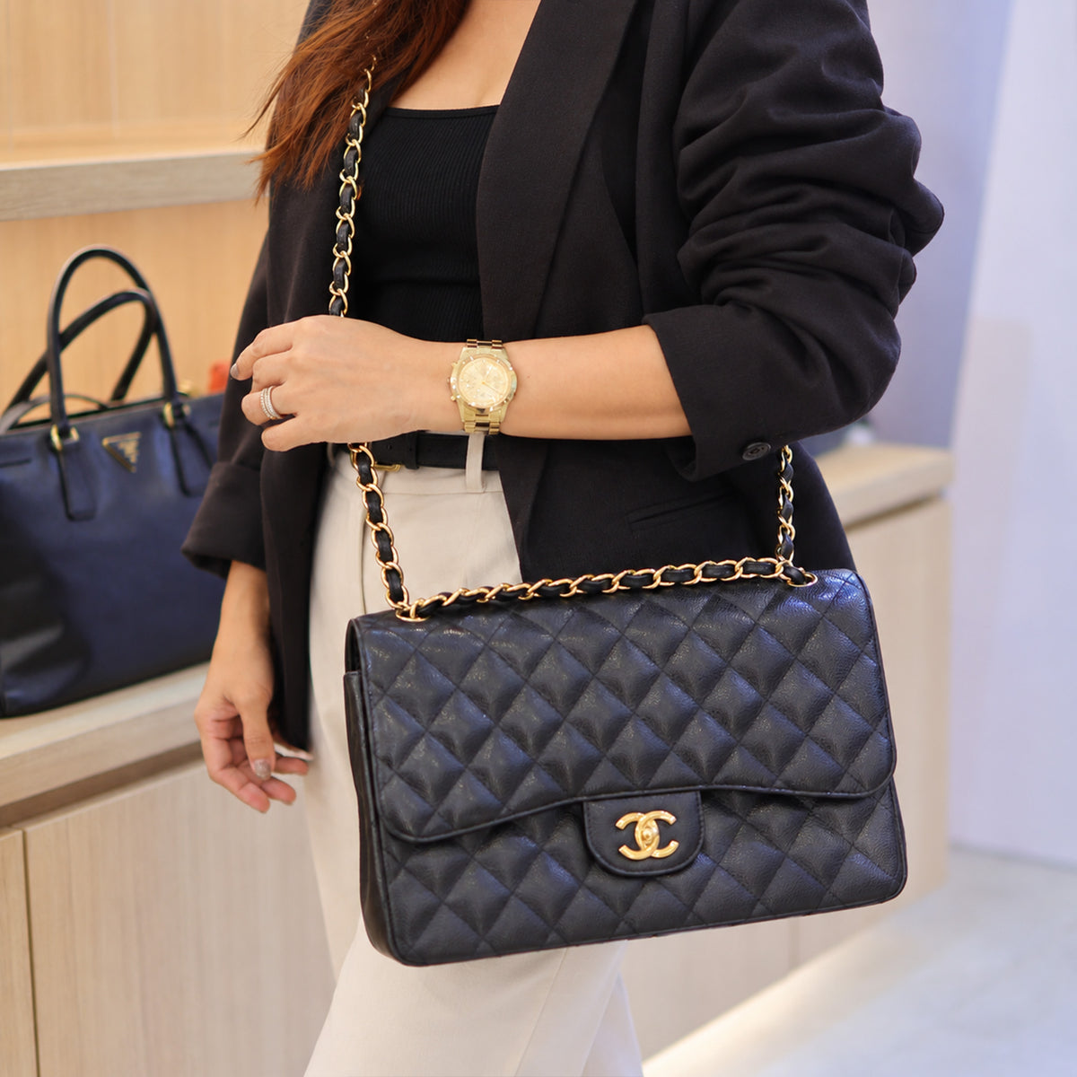 Chanel Classic Double Flap Jumbo Bag in Black Caviar Leather (Series 26)