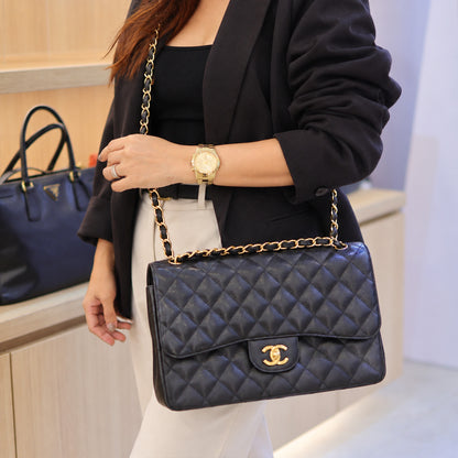 Chanel Classic Double Flap Jumbo Bag in Black Caviar Leather (Series 26)