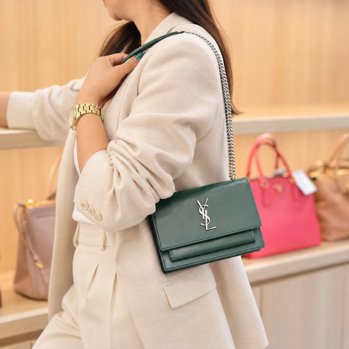 Yves Saint Laurent Mini Sunset Shoulder Bag in Emerald Green Leather
