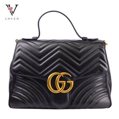 Gucci GG Marmont Medium Top Handle Bag in Black Chevron Leather